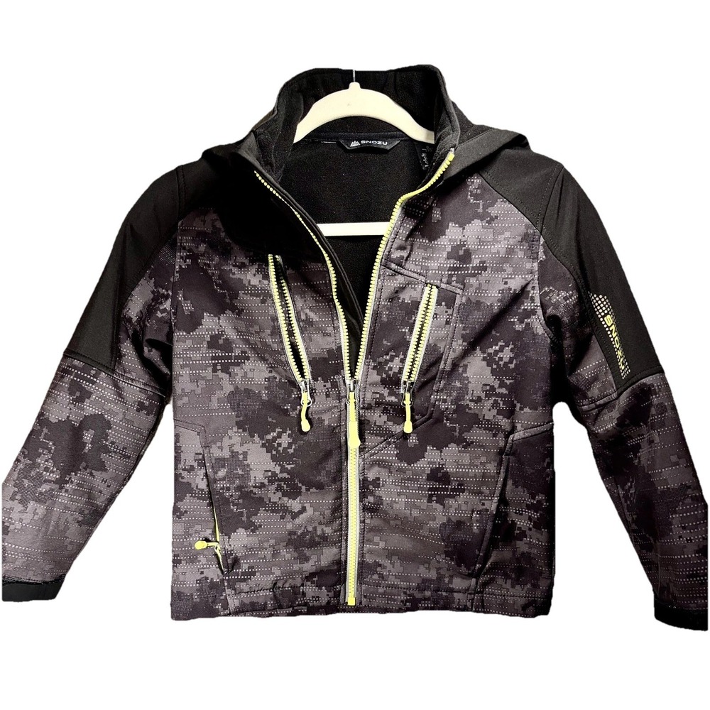 Snozu Jacket Youth Small 7/8 Black Gray Camo Hooded Softshell Fleece Lined
